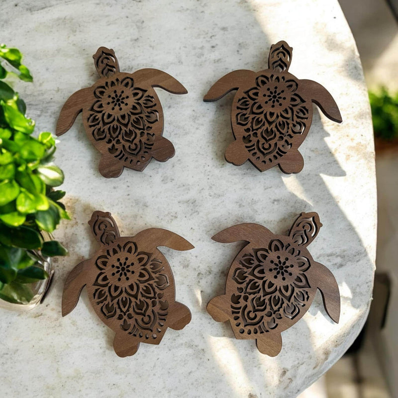 Sea Turtle Walnut Wood Coaster Set of 4 - Handcrafted, Elegant, and Functional - Perfect for Ocean Lovers