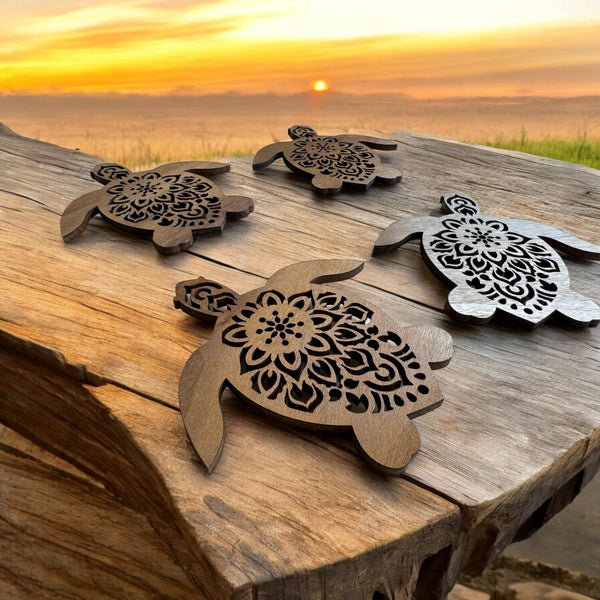 Sea Turtle Walnut Wood Coaster Set of 4 - Handcrafted, Elegant, and Functional - Perfect for Ocean Lovers