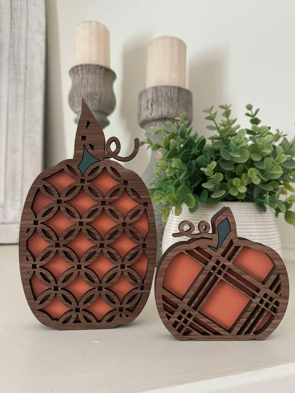 Set of 2 Handcrafted Wood Pumpkins with Intricate Laser-Cut Designs – Fall Decor, Handmade, Walnut Trim, 8" & 4.5" Tall