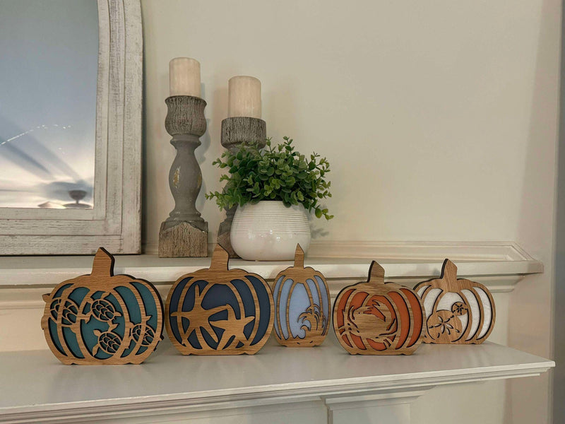 Coastal Fall Pumpkin Decor | Layered Wood Pumpkins with Sea Turtles, Waves, Starfish & Sand Dollars | Beach Autumn Shelf Sitters