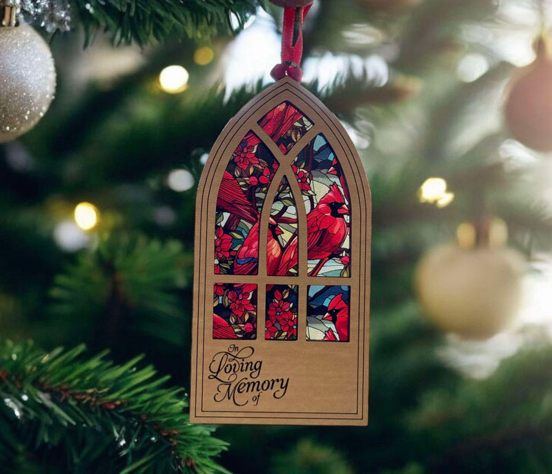 In Loving Memory Arched Window Ornament | 4" Cardinal Transparent Memorial Ornament | Customizable Name | Suncatcher