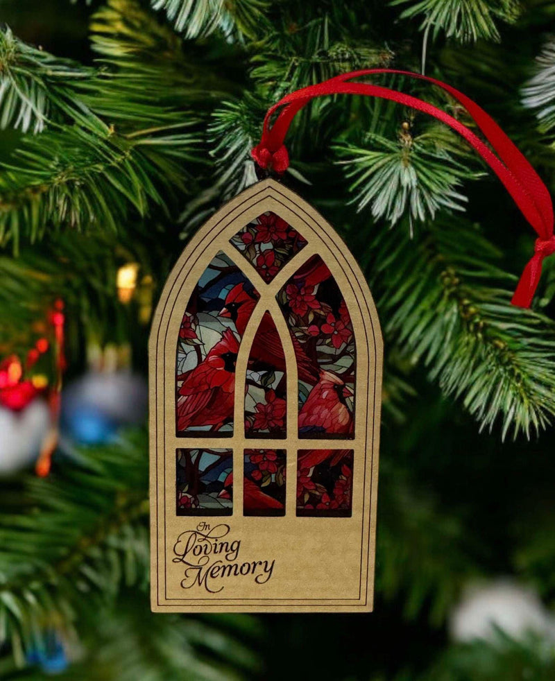 In Loving Memory Arched Window Ornament | 4" Cardinal Transparent Memorial Ornament | Customizable Name | Suncatcher