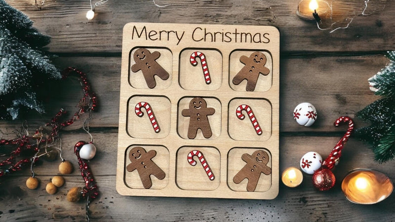 Gingerbread & Candy Cane Christmas Tic Tac Toe Game – 4"x4" Mini Game – Perfect for Travel – Great Stocking Stuffer