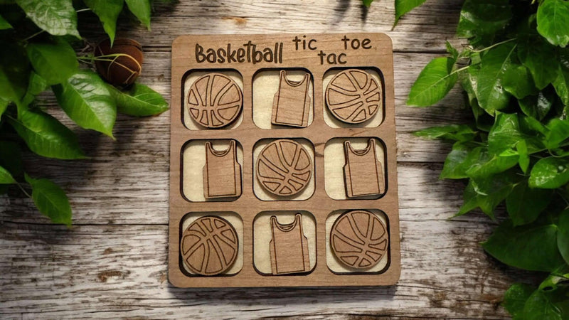Cherry Wood Basketball Tic Tac Toe – Travel Size Game with Jerseys & Basketballs, Laser Engraved, Includes Organza Bag