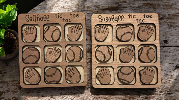 Cherry Wood Baseball or Softball Tic Tac Toe – Travel Size Game with Gloves, Laser Engraved, Includes Organza Bag