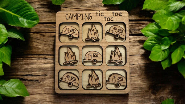Cherry Wood Camping Tic Tac Toe – Travel Size Game with Campers & Fires, Laser Engraved, Includes Organza Bag