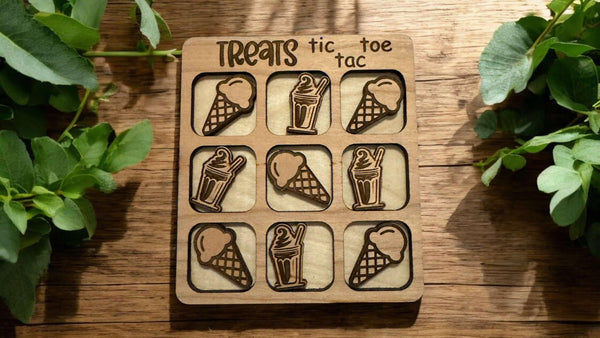 Cherry Wood Ice Cream Tic Tac Toe – Travel Size Game with Ice Cream Cones & Milkshakes, Laser Engraved, Includes Organza Bag