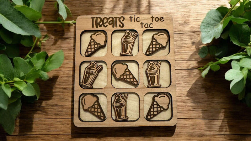 Cherry Wood Ice Cream Tic Tac Toe – Travel Size Game with Ice Cream Cones & Milkshakes, Laser Engraved, Includes Organza Bag