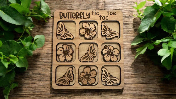 Cherry Wood Flower & Butterfly Tic Tac Toe – Travel Size Game with Laser Engraved Pieces, Includes Organza Bag