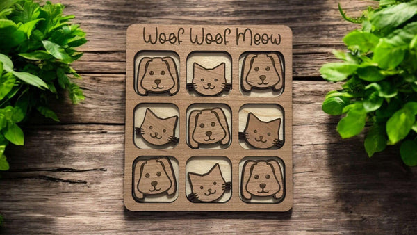 Cherry Wood Tic Tac Toe with Dogs & Cats – Travel Size Game, Laser Engraved, Includes Organza Bag