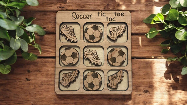 Cherry Wood Soccer Tic Tac Toe – Travel Size Game with Soccer Balls & Cleats, Laser Engraved, Includes Organza Bag