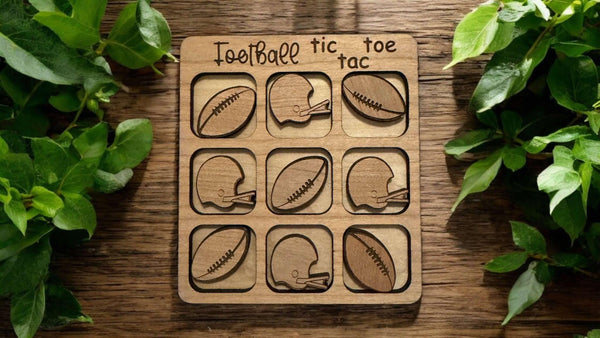 Cherry Wood Football Tic Tac Toe – Travel Size Game with Footballs & Helmets, Laser Engraved, Includes Organza Bag