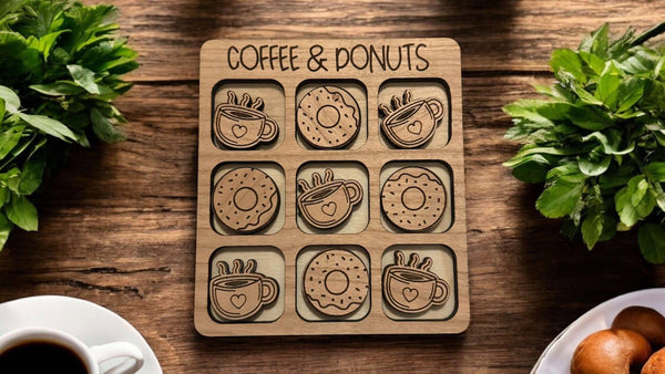 Cherry Wood Donut and  Coffee Tic Tac Toe – Travel Size Game with Coffee Cups & Donuts, Laser Engraved, Includes Organza Bag