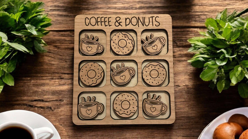 Cherry Wood Donut and  Coffee Tic Tac Toe – Travel Size Game with Coffee Cups & Donuts, Laser Engraved, Includes Organza Bag