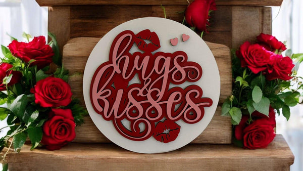 Hugs and Kisses 3D Valentine’s Wood Sign – Round Tabletop or Door Décor, Handcrafted with Attention to Detail, Multiple Sizes Available