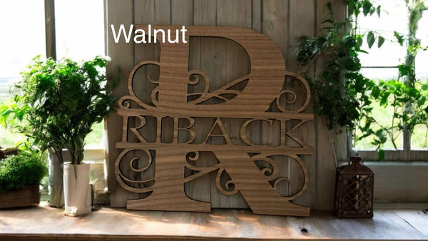 Personalized Monogram Family Name Sign, Wooden Round Last Name Sign, Initial, Custom Door Hanger, Split Monogram House Warming Gift