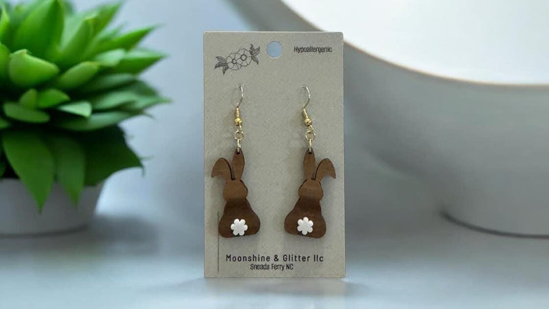 Walnut Wood Easter Bunny Dangle Earrings - Hypoallergenic - 1" Size - Perfect for Child or Adult