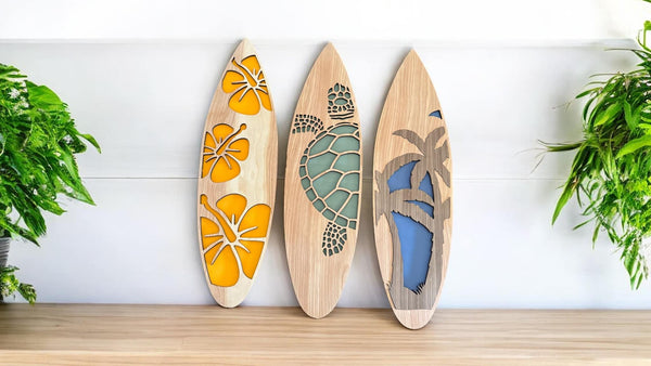 Layered Wooden Surfboard Wall Art – Coastal & Tropical Home Décor Sea turtle Monstera Palm Trees