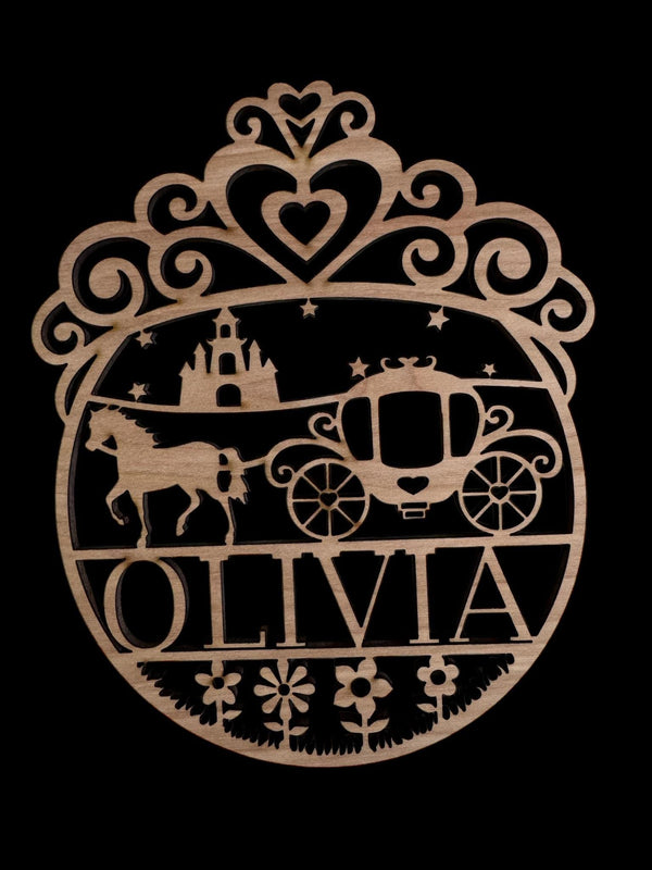 Personalized Wooden Princess Carriage Name Cutout – Custom Fairytale Wall Decor | Multiple Sizes Available