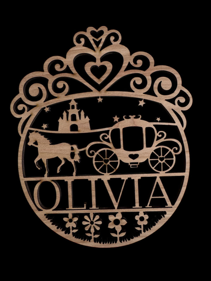 Personalized Wooden Princess Carriage Name Cutout – Custom Fairytale Wall Decor | Multiple Sizes Available