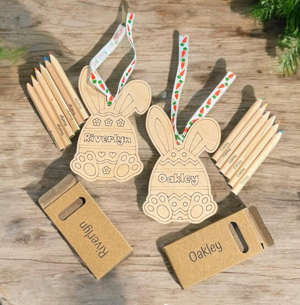 Personalized Easter Bunny Basket Tag – Custom Name with Set of 6 Mini Colored Pencils