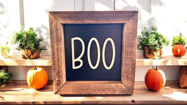 6x6 Halloween Wood Sign – 3D Layered Fall signs ” – Red Mahogany Stained Frame – Freestanding Shelf Decor Ghost Boo Pumpkin Jack o Lantern