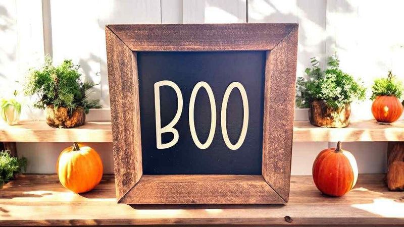 6x6 Halloween Wood Sign – 3D Layered Fall signs ” – Red Mahogany Stained Frame – Freestanding Shelf Decor Ghost Boo Pumpkin Jack o Lantern