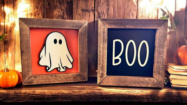 6x6 Halloween Wood Sign – 3D Layered Fall signs ” – Red Mahogany Stained Frame – Freestanding Shelf Decor Ghost Boo Pumpkin Jack o Lantern