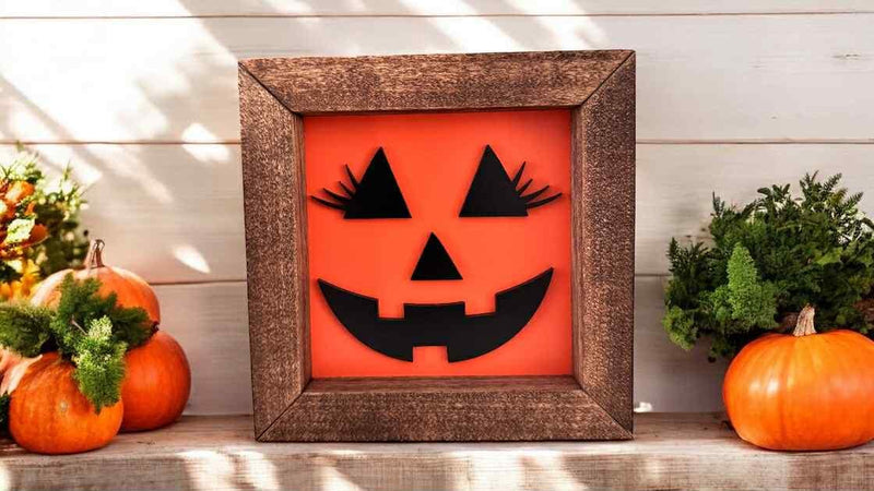 6x6 Halloween Wood Sign – 3D Layered Fall signs ” – Red Mahogany Stained Frame – Freestanding Shelf Decor Ghost Boo Pumpkin Jack o Lantern
