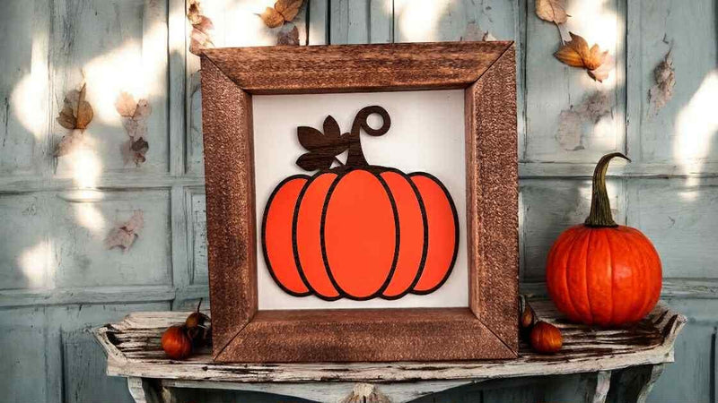 6x6 Halloween Wood Sign – 3D Layered Fall signs ” – Red Mahogany Stained Frame – Freestanding Shelf Decor Ghost Boo Pumpkin Jack o Lantern
