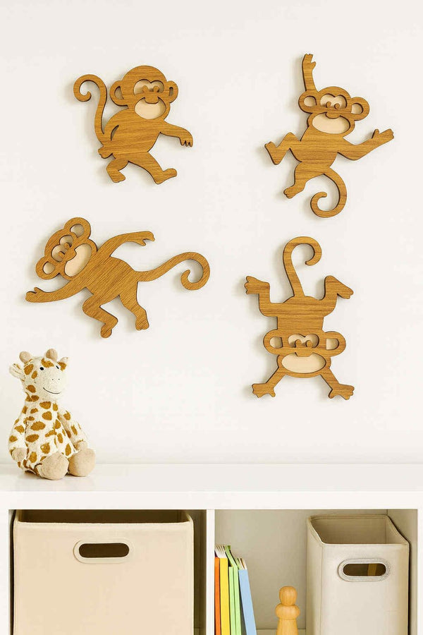 Monkey Wood Cutout Set – Nursery & Kids Room Wall Decor | Set of 4 |