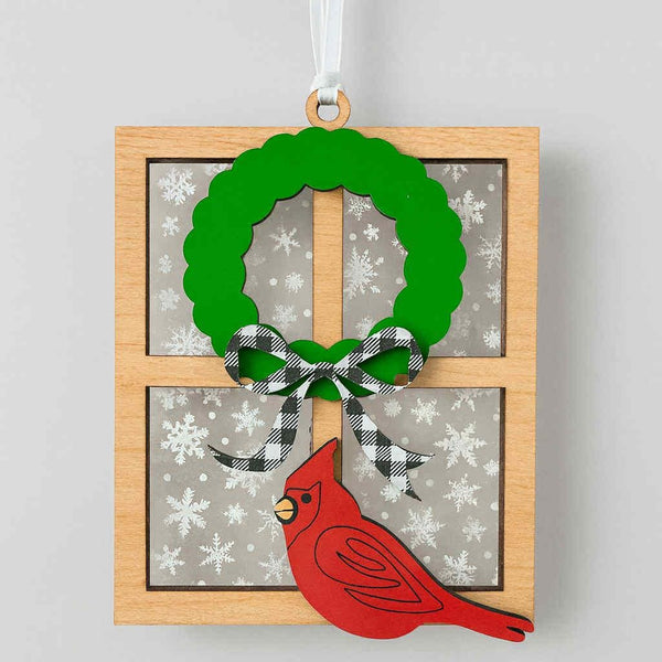 Cardinal at the Window Christmas Ornament | Wooden Holiday Wreath Ornament | Winter Snowflake Window Decor | Farmhouse Tree Decoration