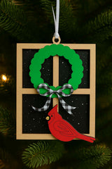 Cardinal at the Window Christmas Ornament | Wooden Holiday Wreath Ornament | Winter Snowflake Window Decor | Farmhouse Tree Decoration