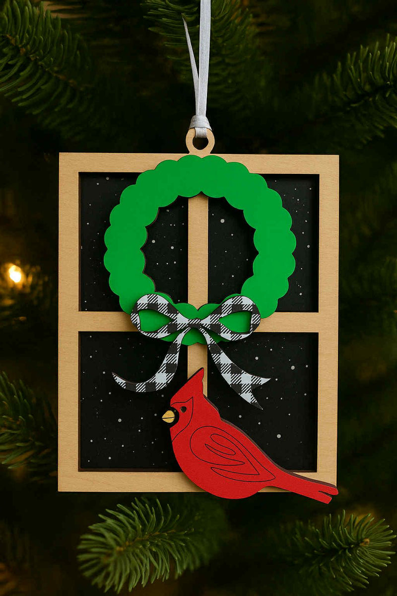 Cardinal at the Window Christmas Ornament | Wooden Holiday Wreath Ornament | Winter Snowflake Window Decor | Farmhouse Tree Decoration