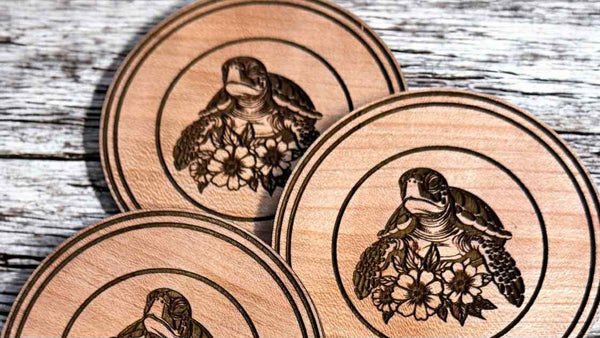 Custom Sea Turtle Wood Coaster Set | Laser Engraved Floral Turtle Drink Coasters | Coastal Home Decor | Personalized Gift Option