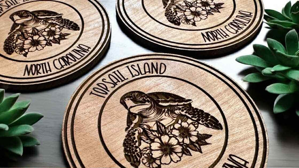 Custom Sea Turtle Wood Coaster Set | Laser Engraved Floral Turtle Drink Coasters | Coastal Home Decor | Personalized Gift Option