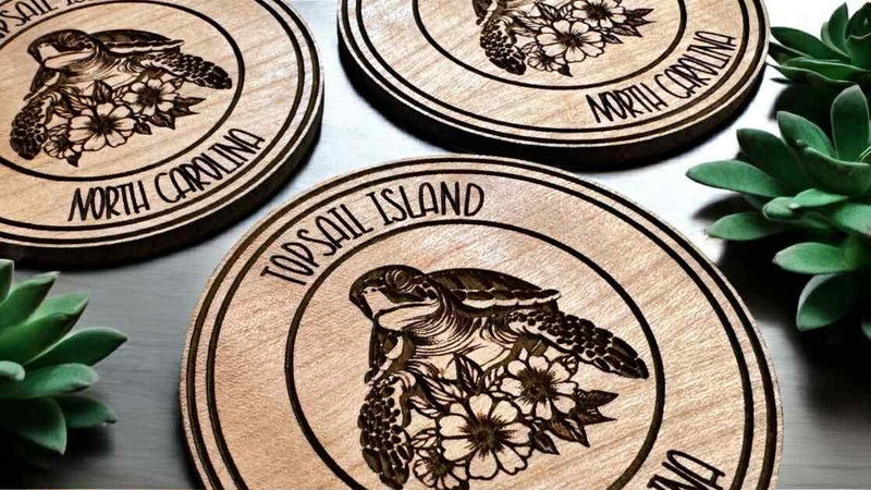 Custom Sea Turtle Wood Coaster Set | Laser Engraved Floral Turtle Drink Coasters | Coastal Home Decor | Personalized Gift Option