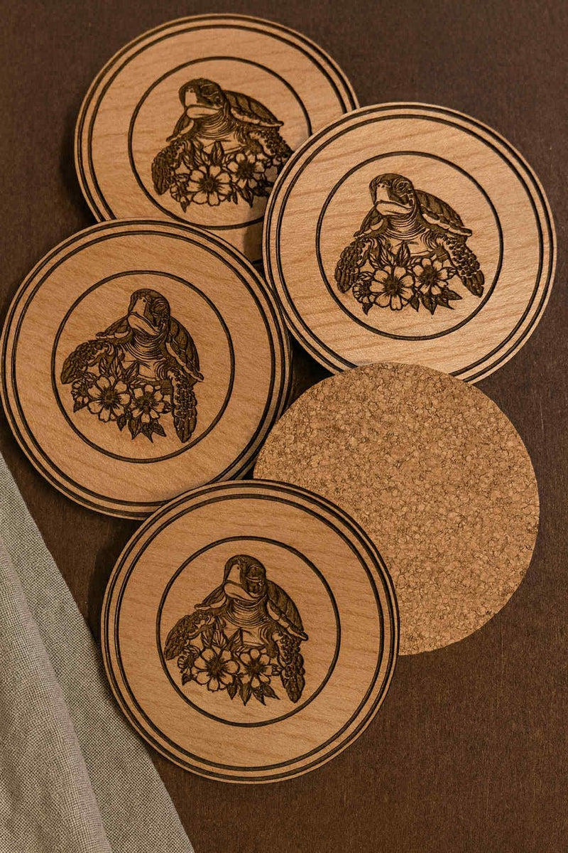 Custom Sea Turtle Wood Coaster Set | Laser Engraved Floral Turtle Drink Coasters | Coastal Home Decor | Personalized Gift Option