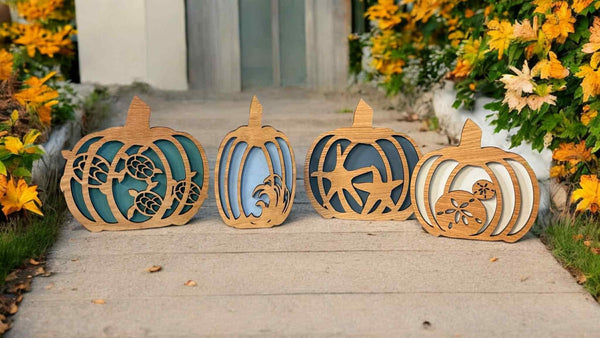 Coastal Fall Pumpkin Decor | Layered Wood Pumpkins with Sea Turtles, Waves, Starfish & Sand Dollars | Beach Autumn Shelf Sitters