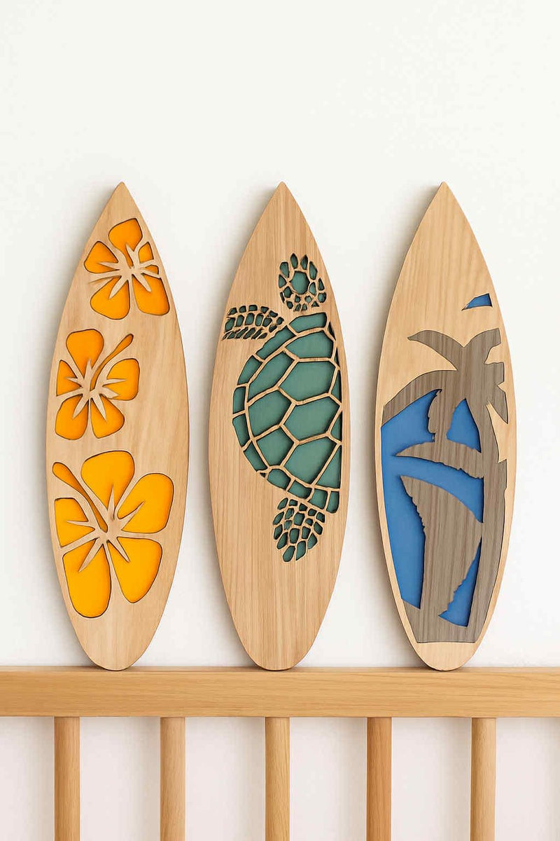 Layered Wooden Surfboard Wall Art – Coastal & Tropical Home Décor Sea turtle Monstera Palm Trees