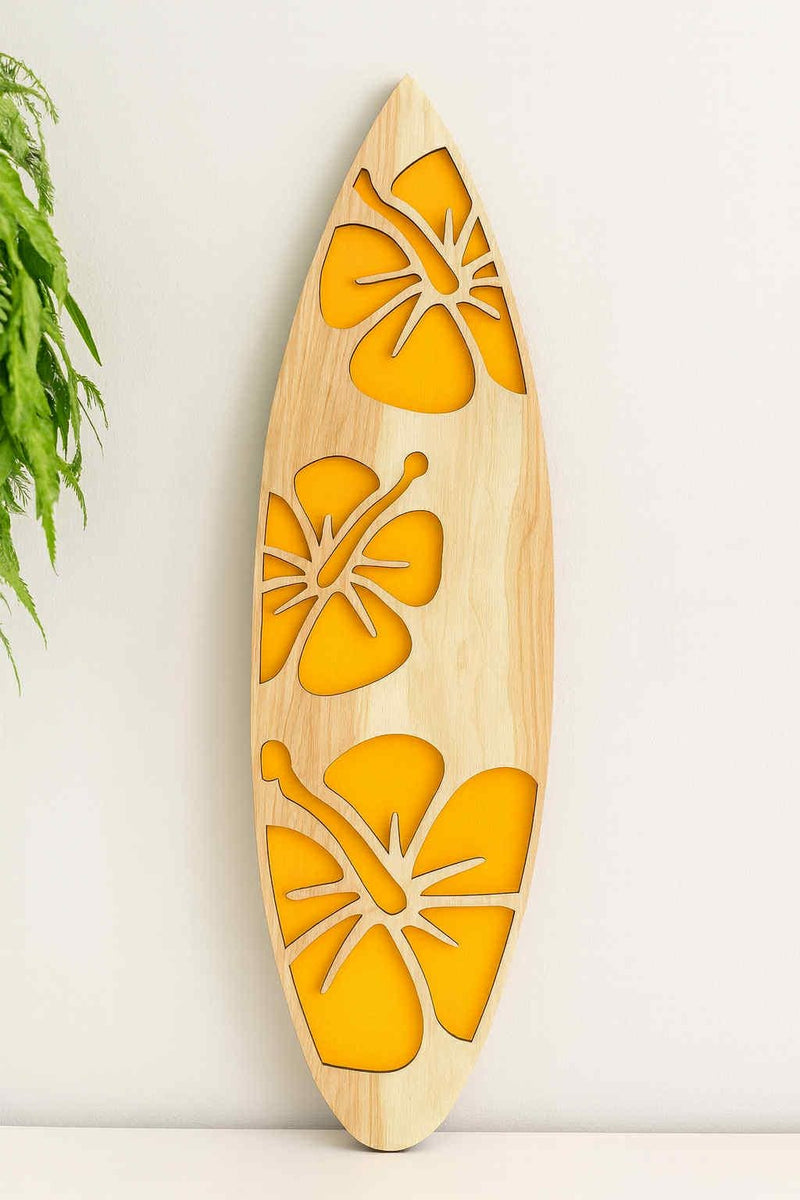 Layered Wooden Surfboard Wall Art – Coastal & Tropical Home Décor Sea turtle Monstera Palm Trees