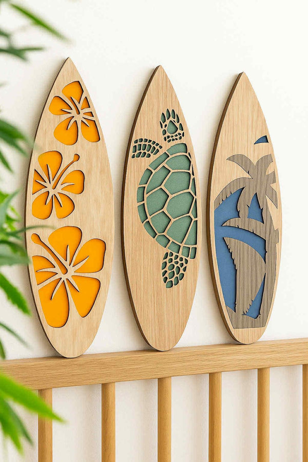 Layered Wooden Surfboard Wall Art – Coastal & Tropical Home Décor Sea turtle Monstera Palm Trees