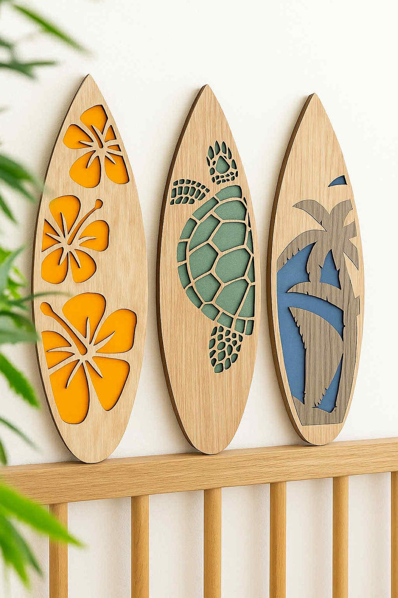 Layered Wooden Surfboard Wall Art – Coastal & Tropical Home Décor Sea turtle Monstera Palm Trees