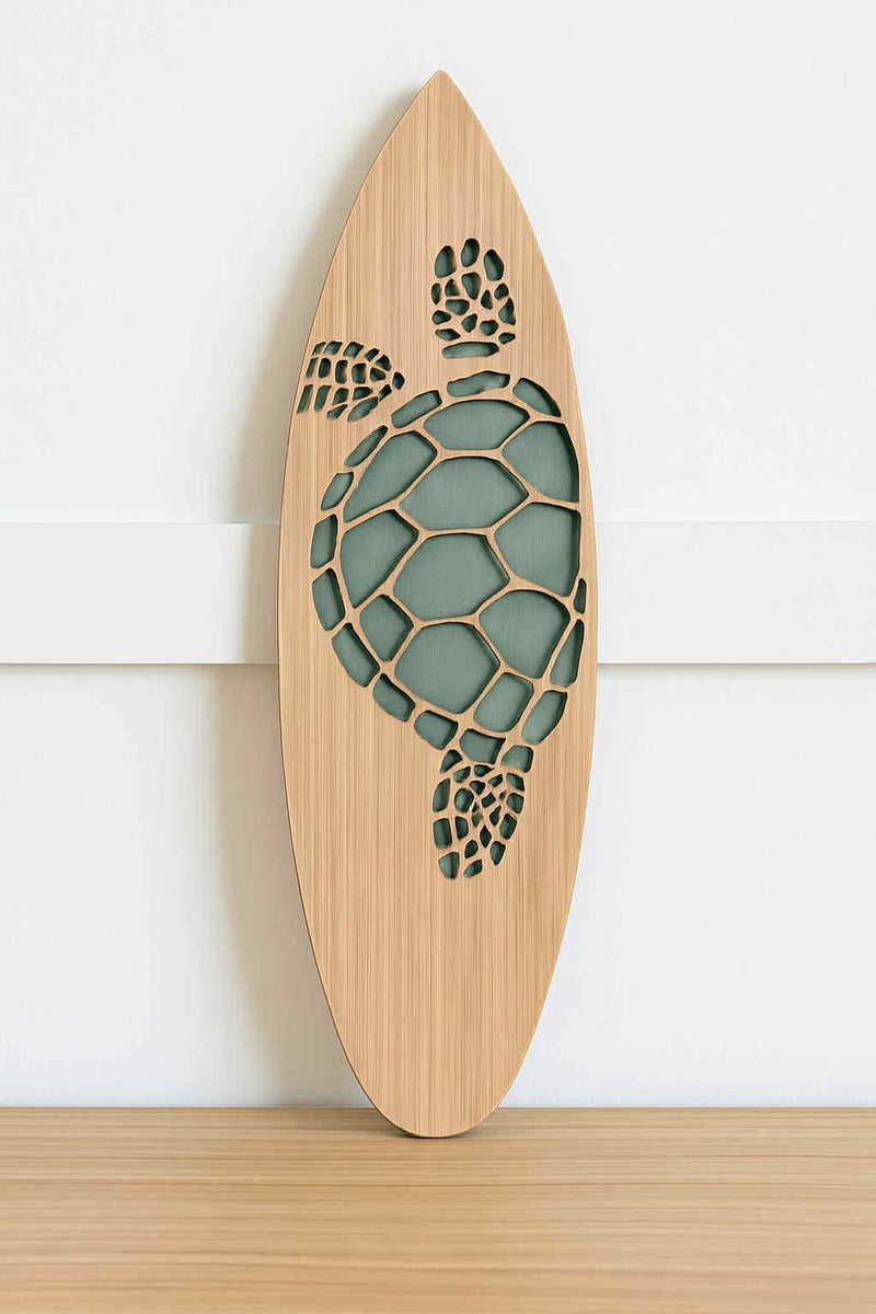 Layered Wooden Surfboard Wall Art – Coastal & Tropical Home Décor Sea turtle Monstera Palm Trees