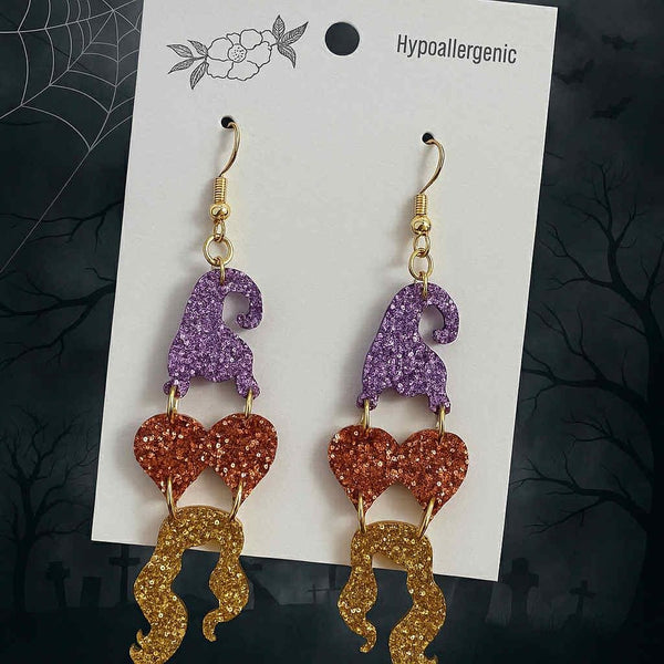 Sanderson  Halloween Witch Sister Dangle Earrings - 1.75" - Hypoallergenic, Glitter Acrylic - Halloween & Fall Jewelry