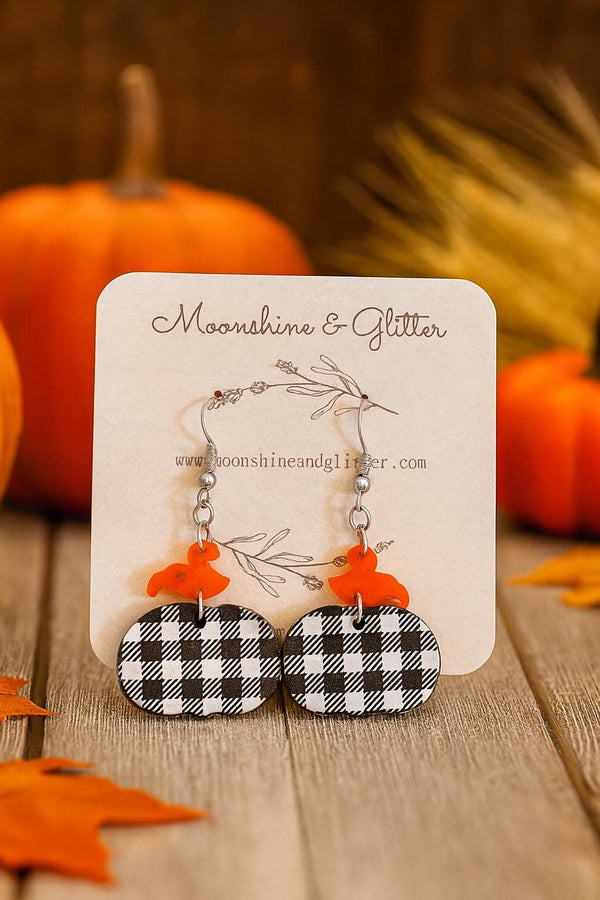 Lightweight Fall Pumpkin Earrings - 1.25" Black and White Plaid Acrylic - Eye-Catching Fashion Statement, Hypoallergenic, Two Piece