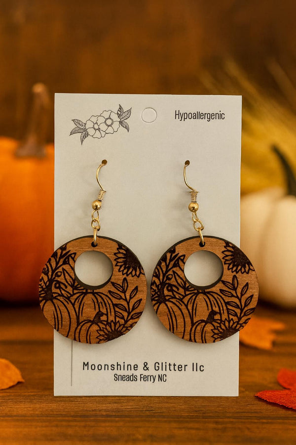 Pumpkin Walnut Wood Halloween Pumpkin Engraved Dangle Earrings - Hypoallergenic, Great Detail, Lightweight