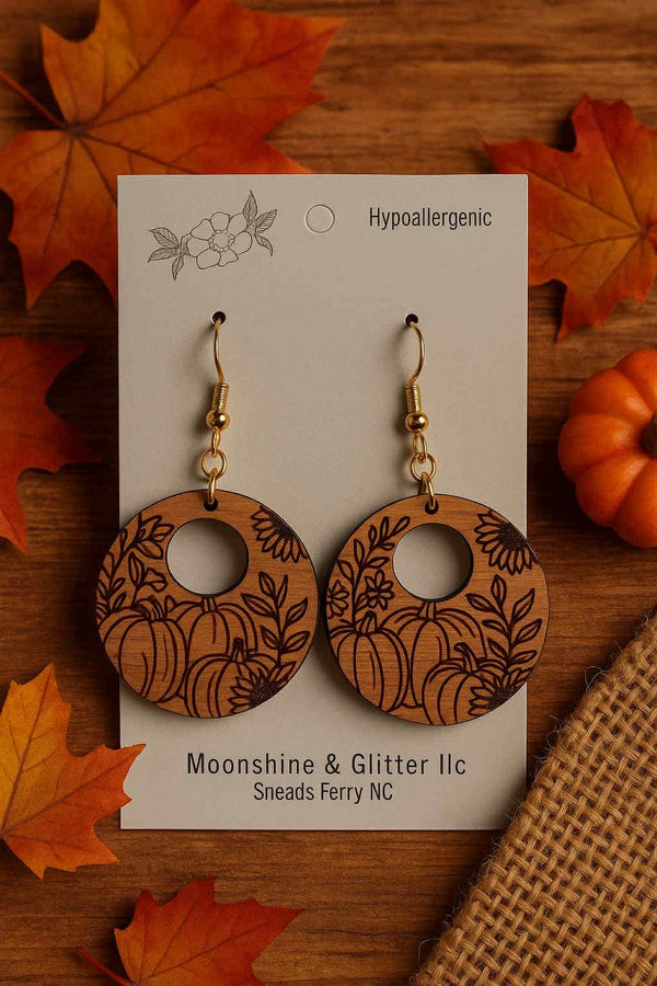 Pumpkin Walnut Wood Halloween Pumpkin Engraved Dangle Earrings - Hypoallergenic, Great Detail, Lightweight