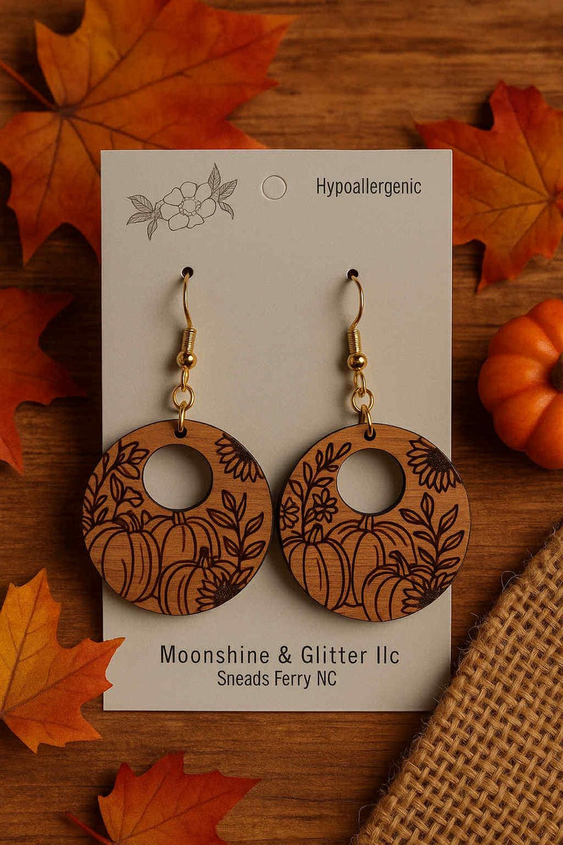 Pumpkin Walnut Wood Halloween Pumpkin Engraved Dangle Earrings - Hypoallergenic, Great Detail, Lightweight