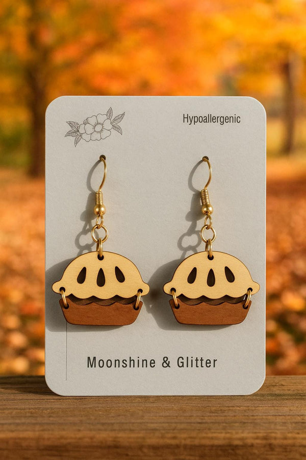 Wooden Pie Slice Earrings – Fall Inspired Dangle Earrings | Handmade by Moonshine & Glitter | Hypoallergenic | Thanksgiving Jewelry